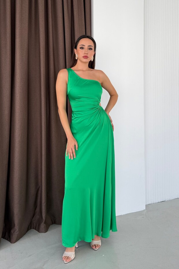 Green One-Shoulder Long Dress with Window Detail