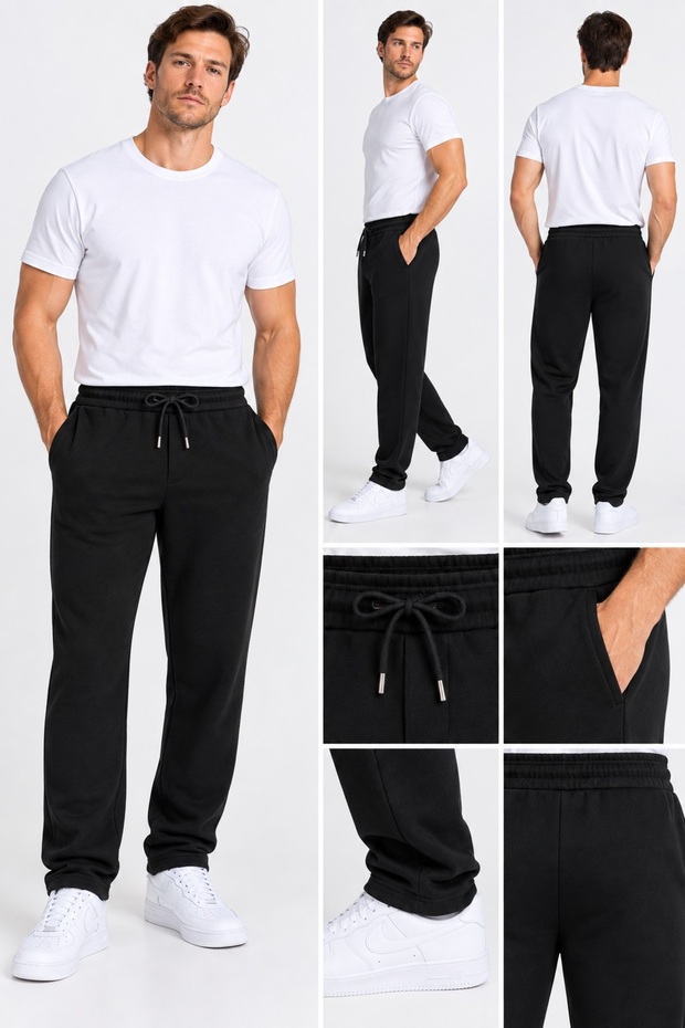 3 Ip Internal Ribbed Sweatpants, Loose-Fitting, Baggy, Winter, Cotton, Straight Leg, Combed Cotton, Fleece-Lined, Smoked Grey, Black