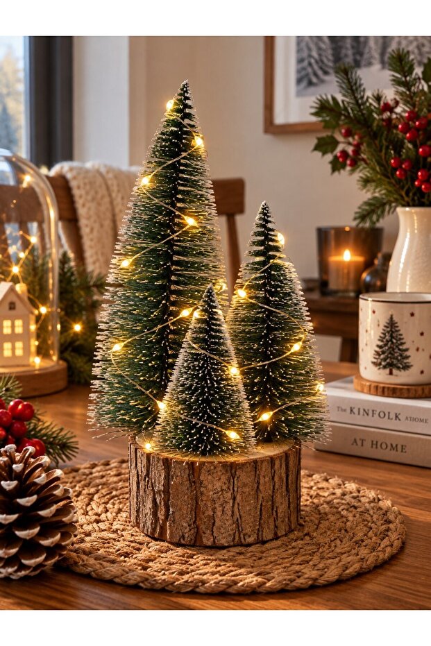 Led Illuminated 4-Piece Artificial Pine Tree with Wooden Log Stand Christmas Decoration Table Ornament New Year's Gift