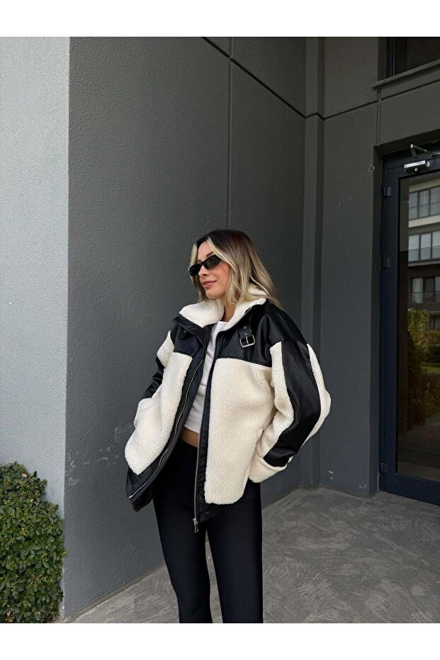 Leather Garnished Teddy Coat