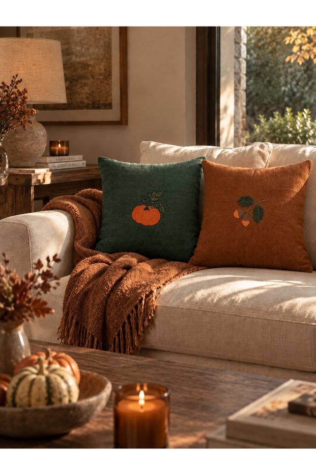 Hand Embroidered Autumn Themed 2-Piece 45 X 45 Linen Throw Pillow Covers