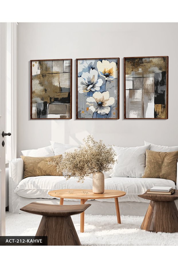 White Flower and Abstract Art 3 Piece Wooden Framed Painting Act