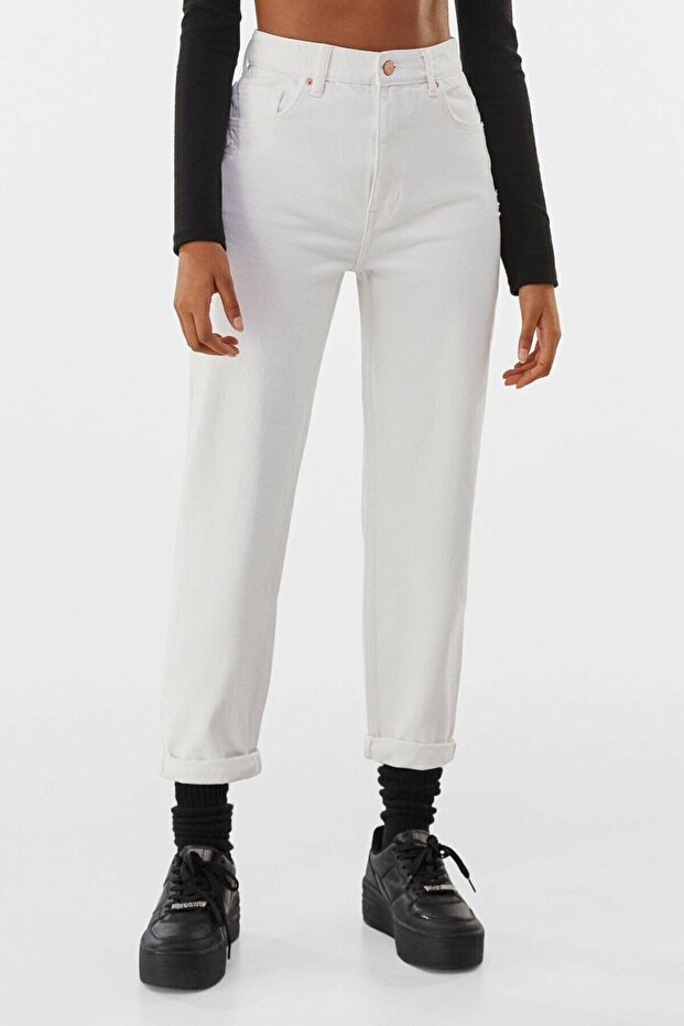 Women's Jean White High Waist Mom Fit Jeans (Not Showing Inside)