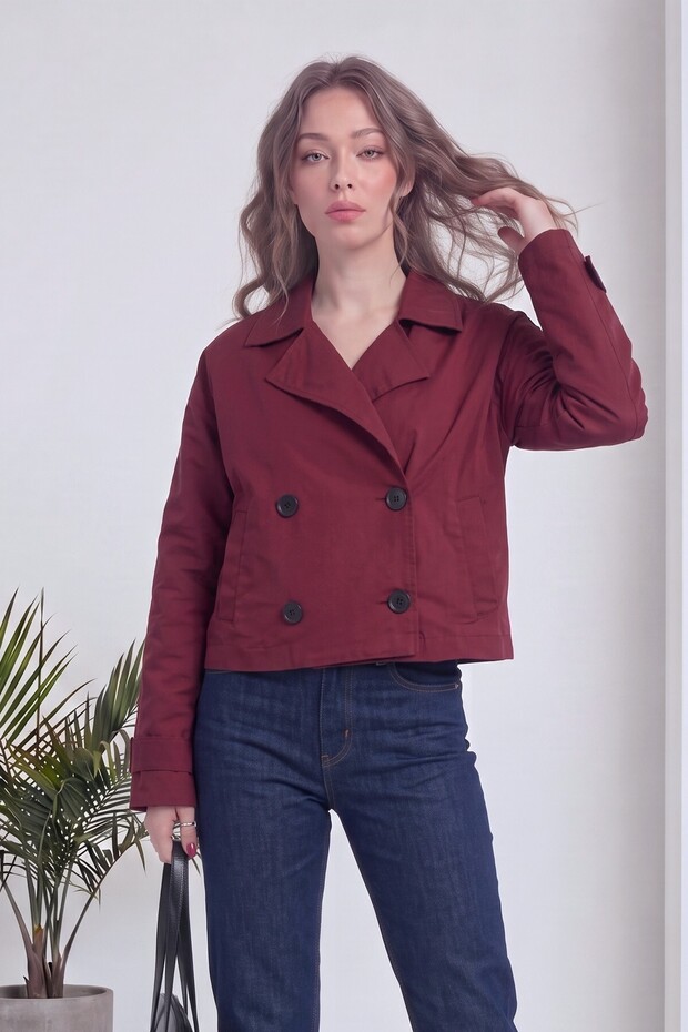 Women's Short Trench Coat Double Breasted Buttoned Long Sleeve Woven Jacket Khaki, Burgundy