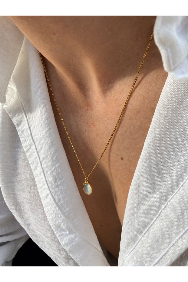 Ithravel Gray Natural Stone Detailed, Gold Color Gourmet Chain Men's Stainless Steel Necklace