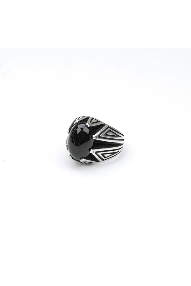 Triangle spear patterned oltu stone men's ring