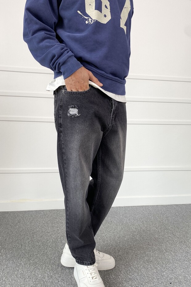 Anthracite Stonewashed Ripped Detailed Jean - Denim Trousers