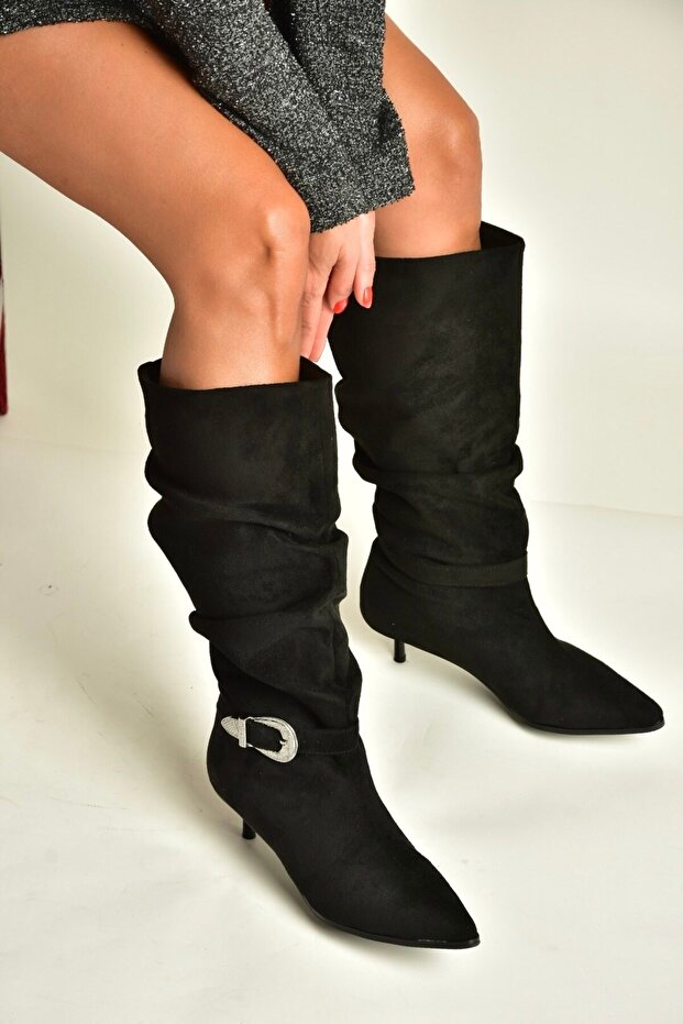 Z726105702 Black Suede Thin Heeled Gathered Women's Boots