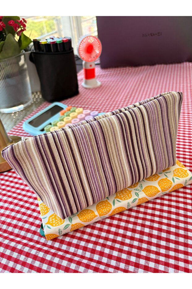 Purple Striped Linen Fabric Pencil Case - Makeup Bag - Pencil Case