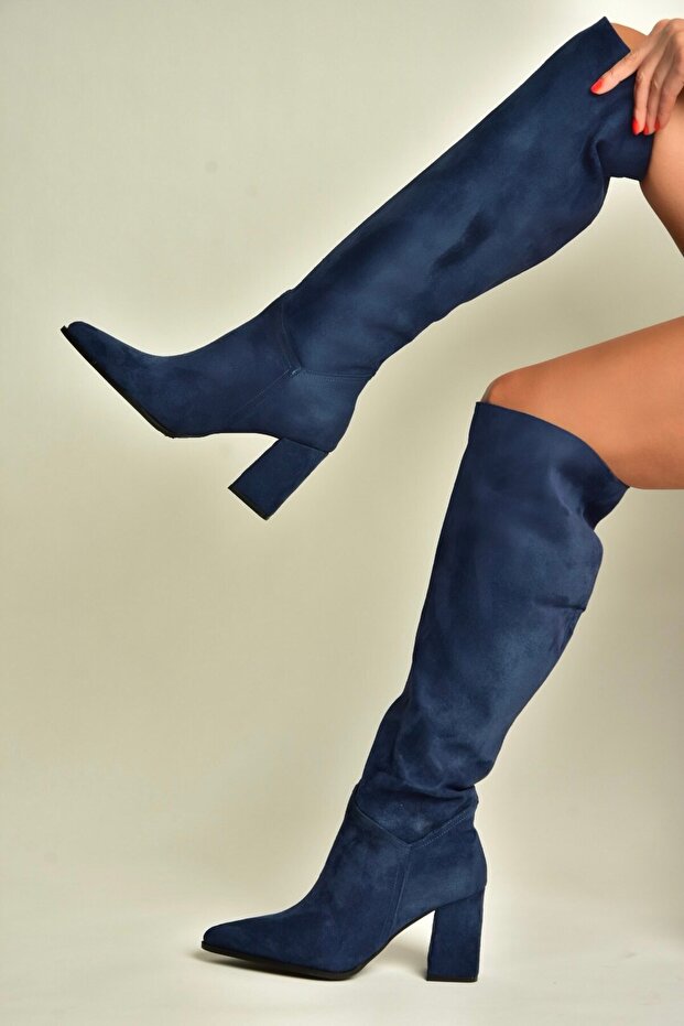 Z752123202 Navy Blue Suede Thick Heeled Women's Boots