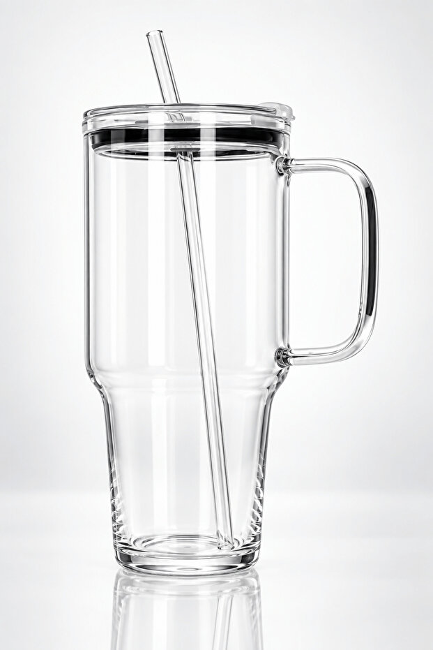 1200 ml Borosilicate Glass Thermos – Cold Drink Cup with Glass Straw and Lid with Handle