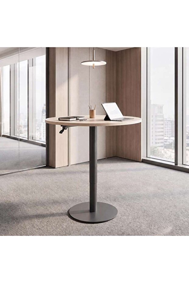 OLSON MEETING OFFICE ROUND TABLE WITH ADJUSTABLE HEIGHT - WHITE OAK & WHITE