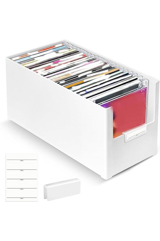 CD Storage Box, Stackable Plastic Organizer for Up to 25 CDs, Media Storage Case for Desk a