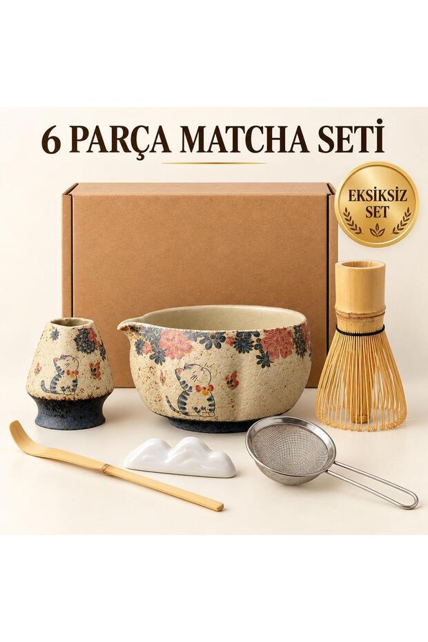 6-Piece Matcha Set with Cat Design Chasen Whisk Chawan Bowl Chashaku Spoon Stand and Strainer