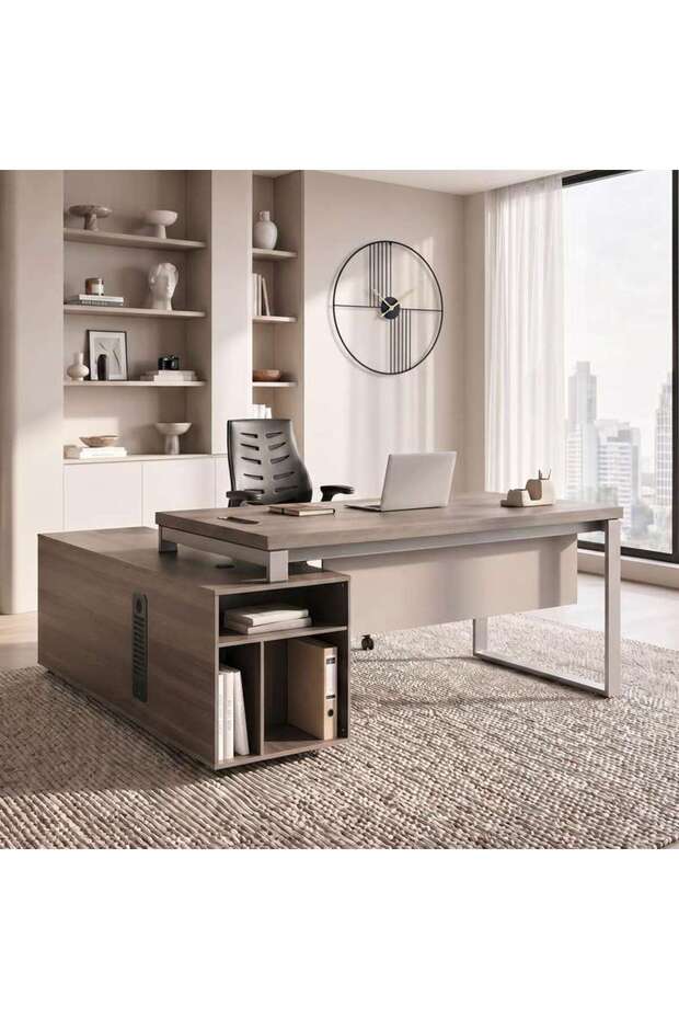 BEESLY OFFICE DESK RIGHT SIDE RETURN 200CM - DARK OAK & MIDDLE GREY