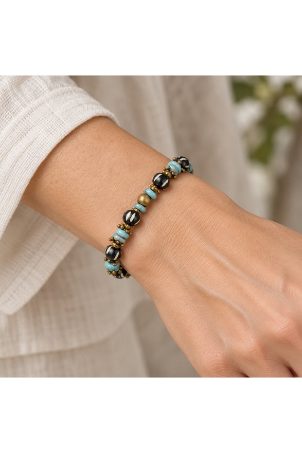Black Turquoise Beaded Elastic Women's Bracelet – Stylish Accessory with Ethnic Detail