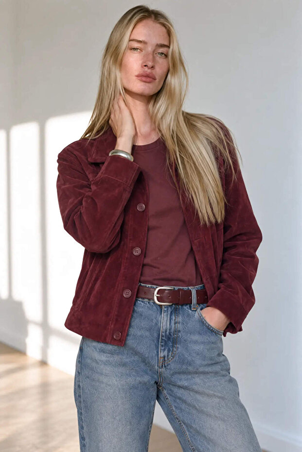 Burgundy Shirt Collar Buttoned Lined Suede Jacket