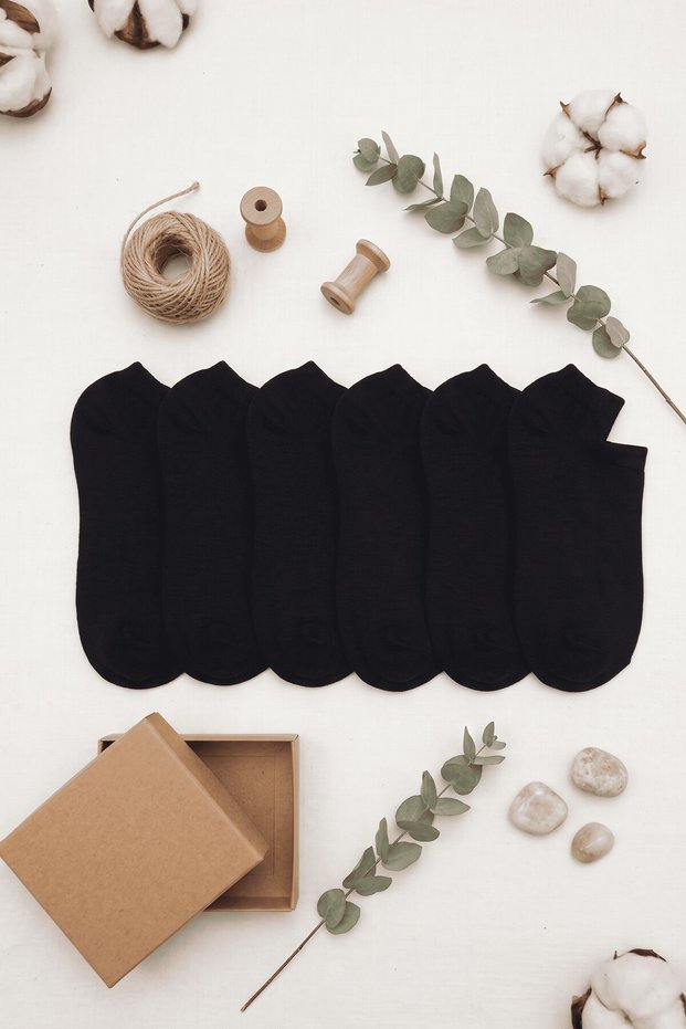 Women's 6 Pairs Black Plain Cotton Booties Socks Sneaker Sports Ankle Socks