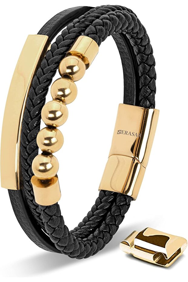 Men's Genuine Leather Bracelet, Three Colurs and Three sizes Cowhide Construction, Silver & Gold Hardware, Secure Magnetic Closure