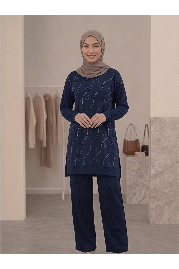 Stone Print Detailed Low-Sleeve Oyşho Top-Bottom Set
