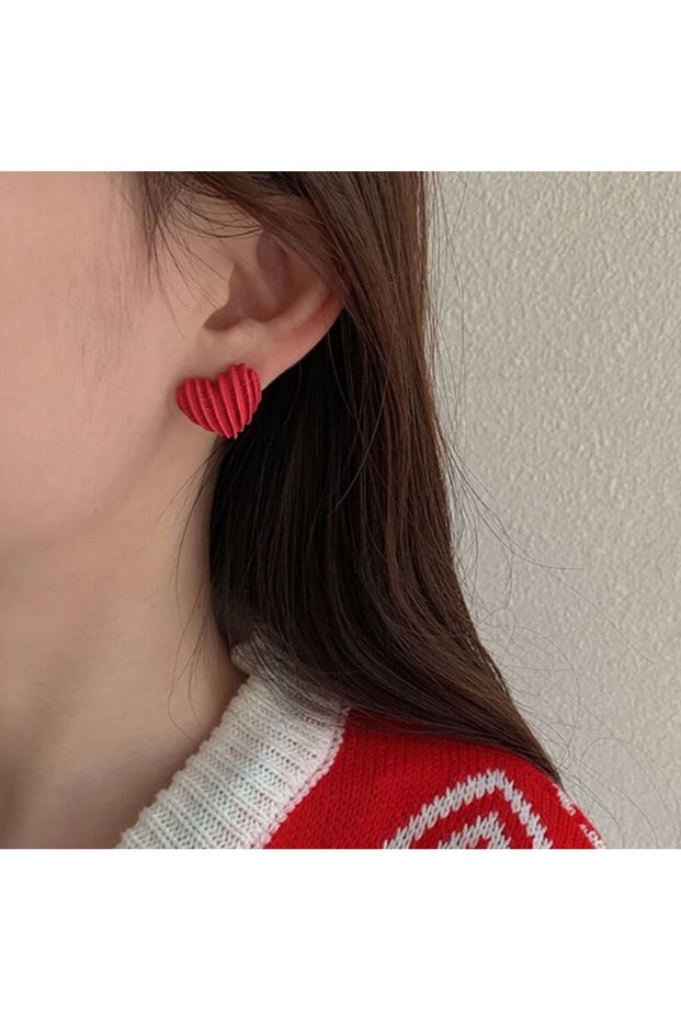 Red Textured Heart Stud Earrings - Vintage Cute Non-Tarnish Anti-Allergic Colorfast Stylish Gift New Season Trend Women's Earrings
