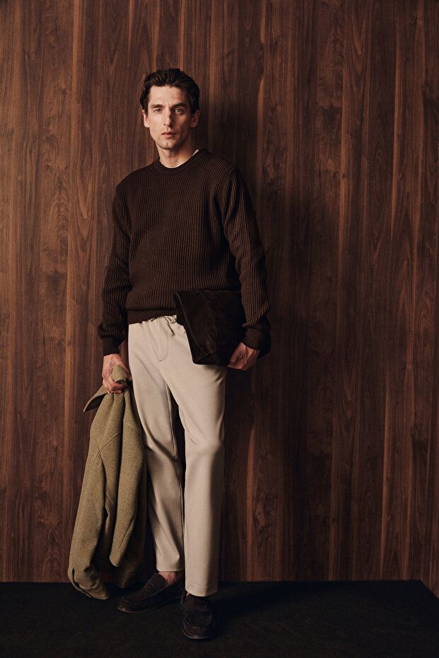 Vicks Men's Elastic Waist and Lace-Up Woven Comfortable Cut Mink - Beige Trousers