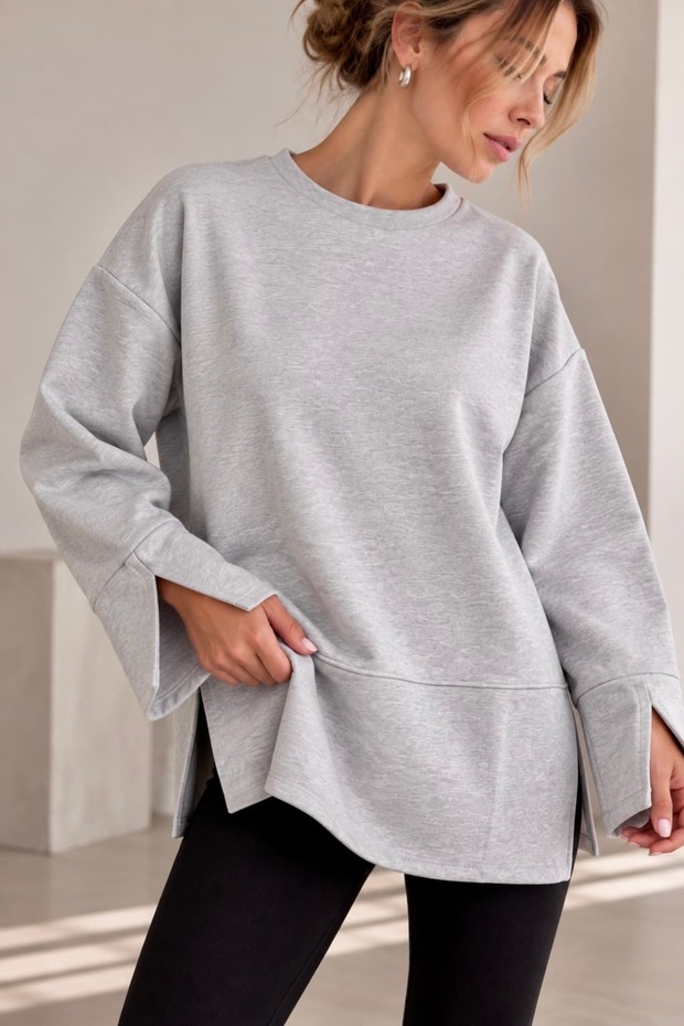 Oversize Sweatshirt with Slit Detail and Crew Neck - Gray Zg3535