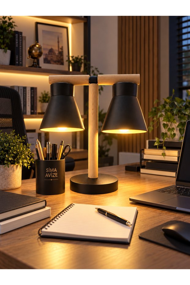 Sima Avize Modern Wooden Detailed Double-Headed Table Lamp – Decorative Study Desk and Office Lighting