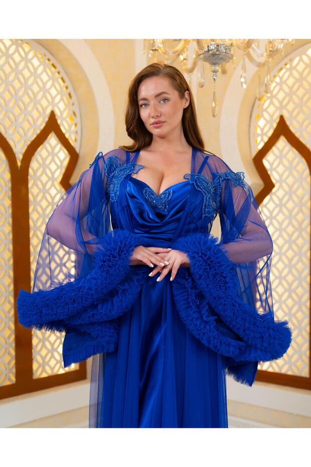 Special Design Elegant Butterfly Detailed 2-Piece Long Dressing Gown and Nightgown Set (Boxed)