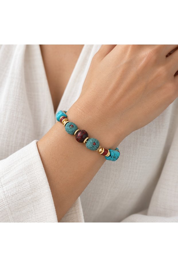 Turquoise Rectangular Beaded Burgundy Detailed Bohemian Design Women's Bracelet