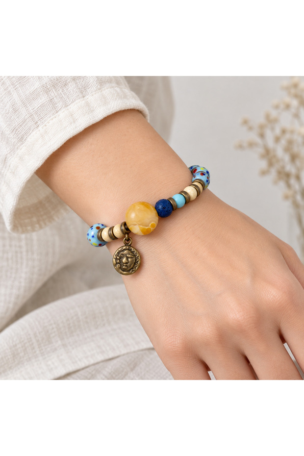 Sun Breeze Blue Beaded Figured Bracelet with Yellow Detail – Bohemian Design