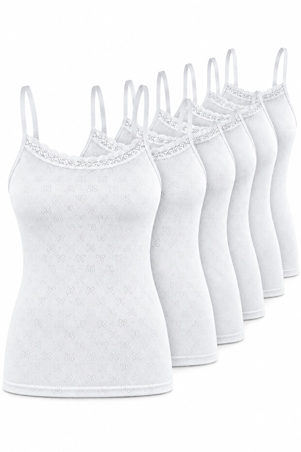 Women's Cotton Rope Strap Lace-Up Undershirt 6-Piece Pack 100% Cotton Black White Skin M-L-Xl-2Xl