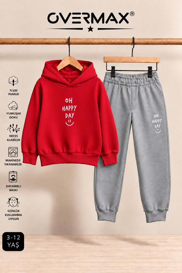 Oh Happy Day Printed Hooded Sweatshirt Tracksuit Set - Ages 3-12