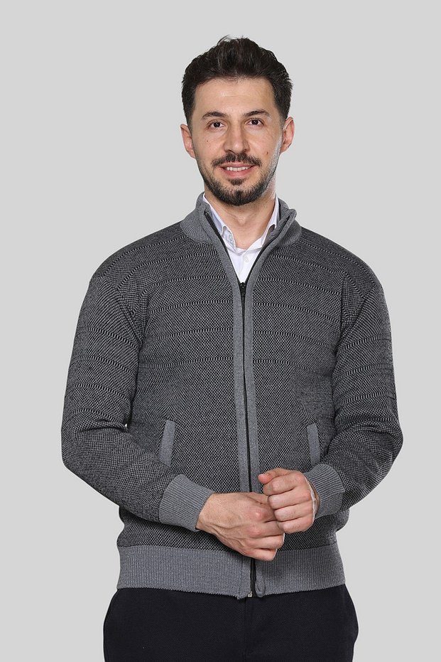 Gray Men's Knitwear Acrylic Thick Textured Classic Fit Zippered Pocket Winter Dad Cardigan