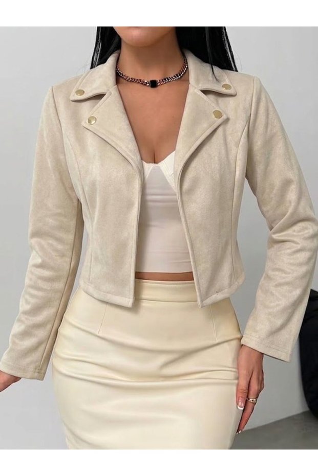 Women's Long Sleeve Collared Open Front Button Detailed Short Suede Jacket