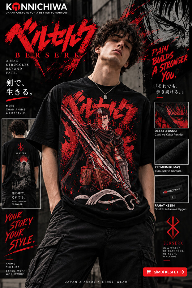 Berserk Guts Anime Printed Black T-Shirt Tee Tshirt – Oversized Streetwear Design
