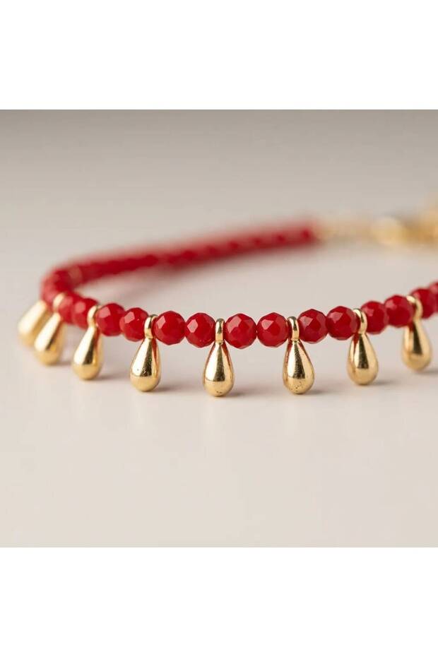 Women's Red Beaded Necklace Gold Color Drop Dangle Stylish Design Necklace
