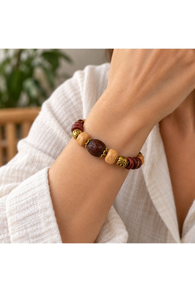 Wooden Look Beaded Bracelet with Gold Detail, Ethnic Patterned Stylish Accessory