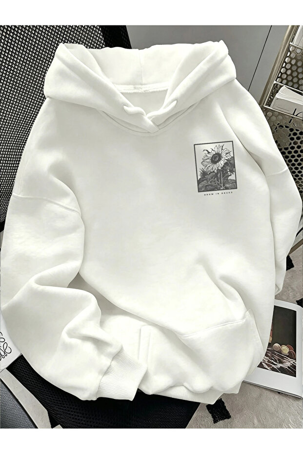 Women's Oversized White Daisy Print Hooded Sweatshirt