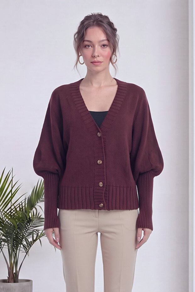 Women's V-Neck Buttoned Balloon Sleeve Knitwear Cardigan Claret Red