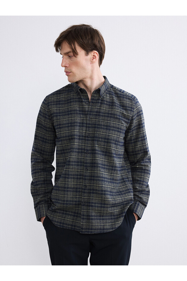 Ozmarka New Season Regular Fit Wool Blend Gabardine Men's Plaid Shirt