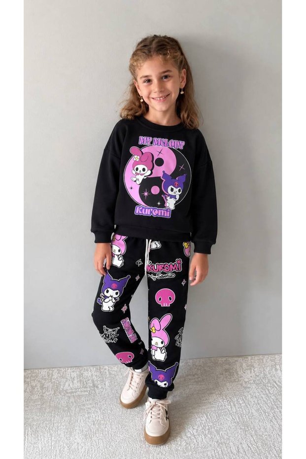 Girl's Character Patterned Three-Thread Black Suit