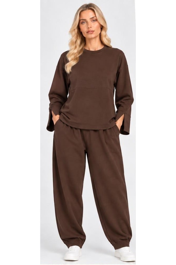 Textured Modal Crew Neck Set with Slit Details