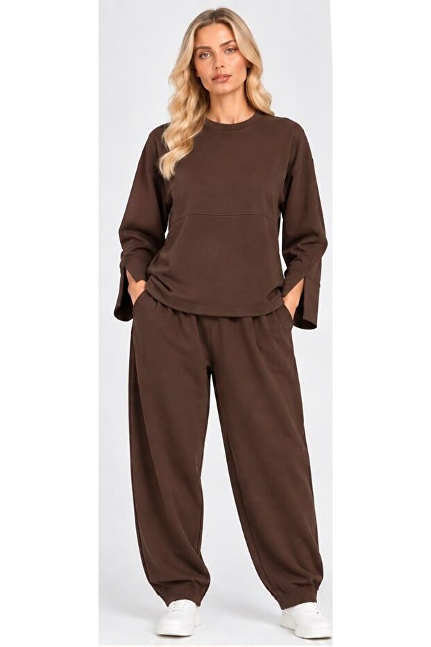 Textured Modal Crew Neck Set with Slit Details