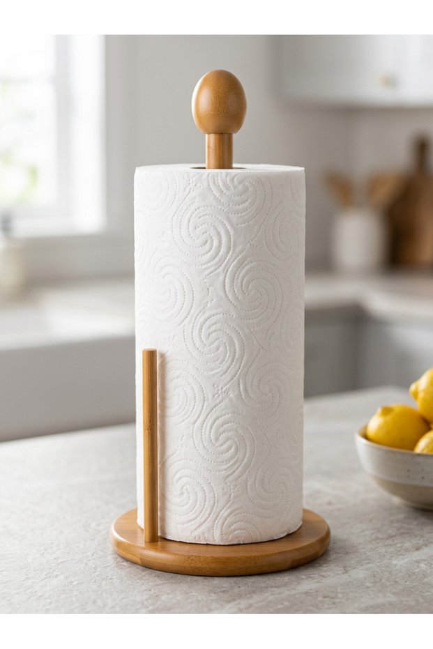 Bamboo Paper Towel Holder Round Base Countertop Roll Towel Stand 31 cm