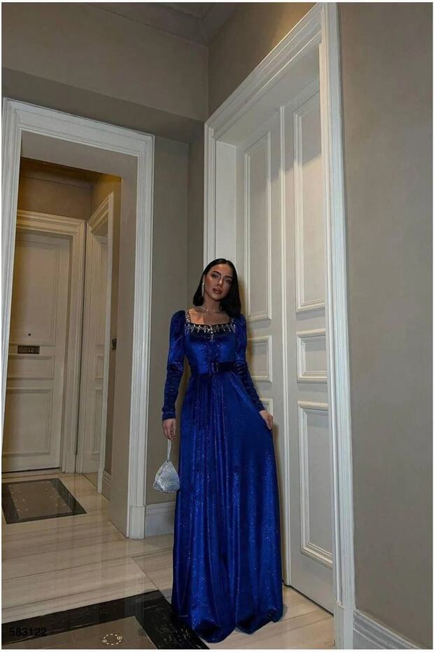Square Neckline Evening Dress with Belt and Long Sleeves