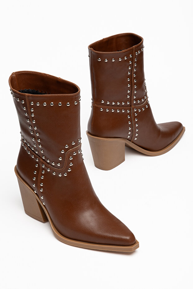 Women's Cowboy Boots with Stud Detail, Pointed Toe, Thick Heel Western Boots