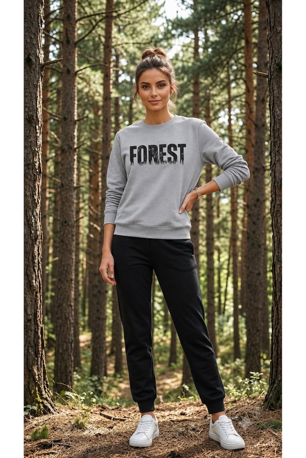 Zero Collar Sweat Suit 2-Piece Combination Winter Shardoon Forest Printed Women's / Men's Unisez Model