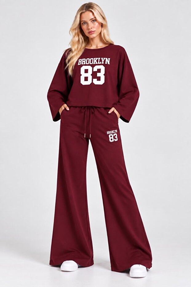 Textured Modal Crew Neck Print Detailed Tracksuit Set