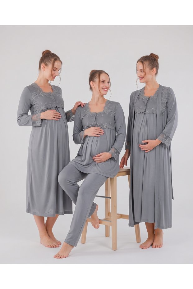 New Season Smoked Lace Detailed Long Sleeve 4-Piece Maternity and Postpartum Pajamas, Nightgown and Dressing Gown Set